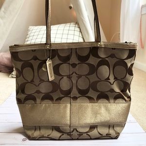 Coach Signature Metallic Gold Strip Tote Bag